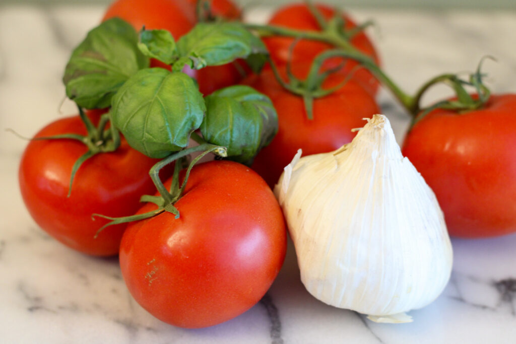 Fresh tomatoes on the vine, basil, and bulb of garlic.