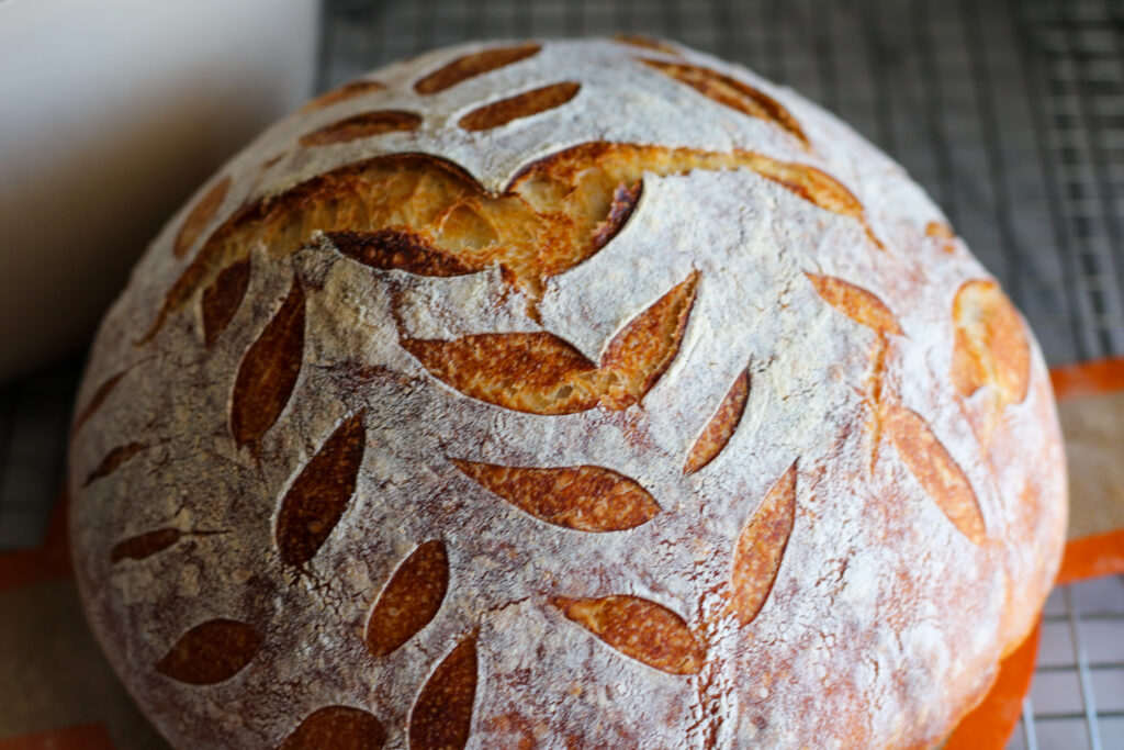 Baked artisan sourdough bread loaf with leaf pattern.