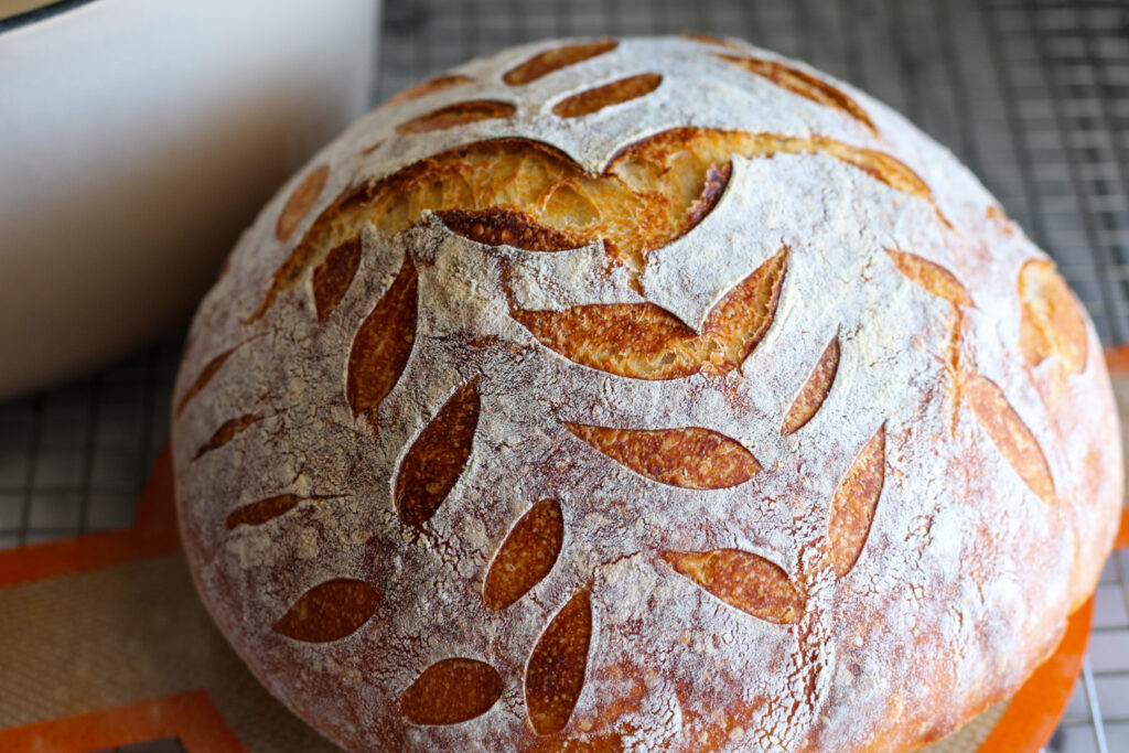 Baked artisan sourdough bread loaf with leaf pattern.