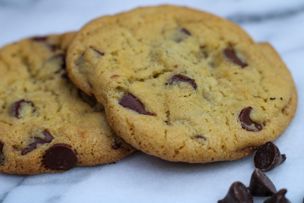 Sourdough chocolate chip cookies on countertop