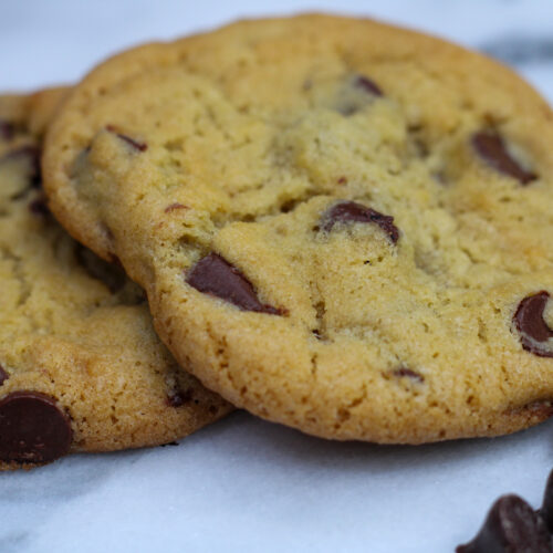 Sourdough chocolate chip cookies on countertop
