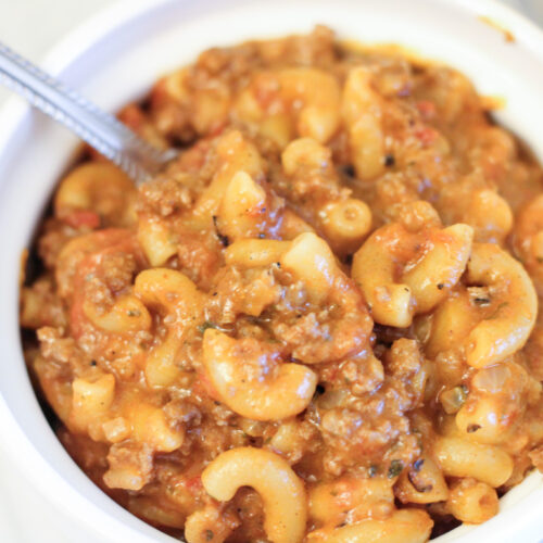 Homemade hamburger helper in individual bowl.