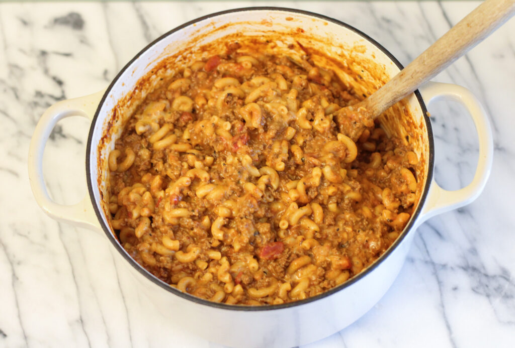 Homemade hamburger helper in large pot.