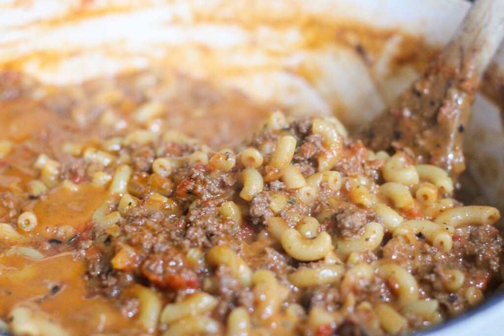 Closeup of homemade hamburger helper in pot.