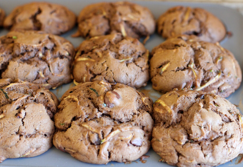 Sourdough chocolate chip zucchini muffins in muffin tin.