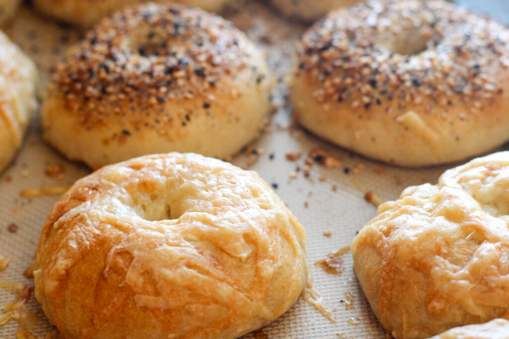 Baked sourdough cheese and everything bagels on baking tray.