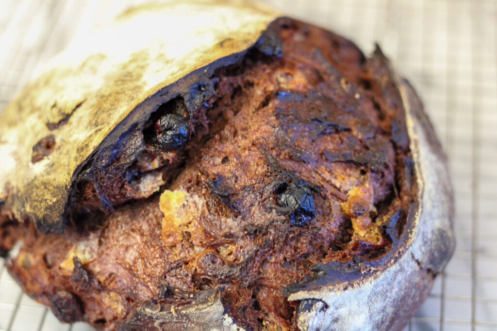 Loaf of chocolate bread with cranberries and white chocolate chips.