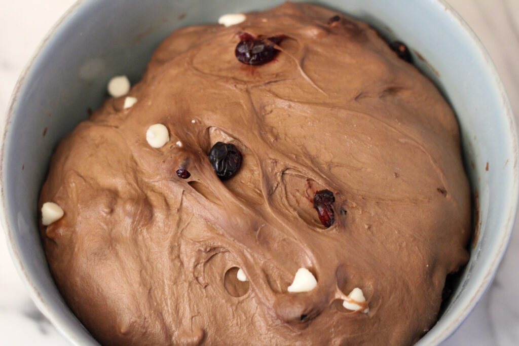 Blue bowl of chocolate bread dough with cranberries and white chocolate chips.