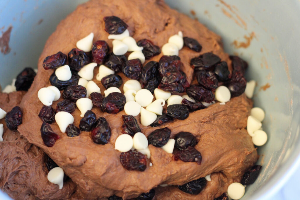 Blue bowl of chocolate bread dough with cranberries and white chocolate chips on top.