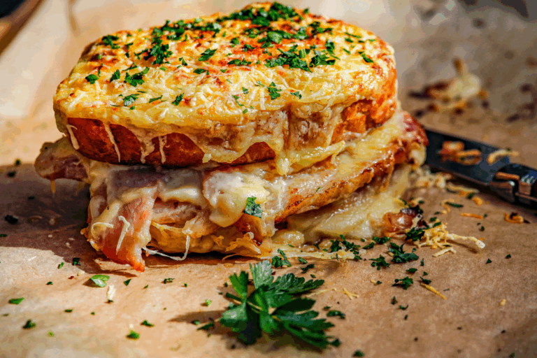 Croque monsieur sandwich on parchment paper.